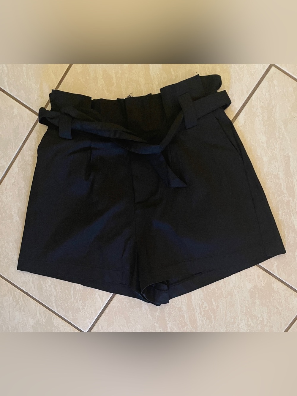 FAVLUX Black High-Waist Paperbag Shorts with Self-Tie Belt